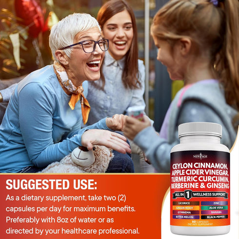 Ceylon Cinnamon 3000mg, Turmeric 3000mg, Apple Cider Vinegar 3000mg & More - 120 Count