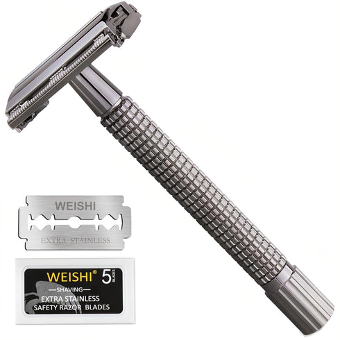 WEISHI Butterfly Open Double Edge Safety Razor for Men - Nostalgic Long Handle with 5 Stainless Blades