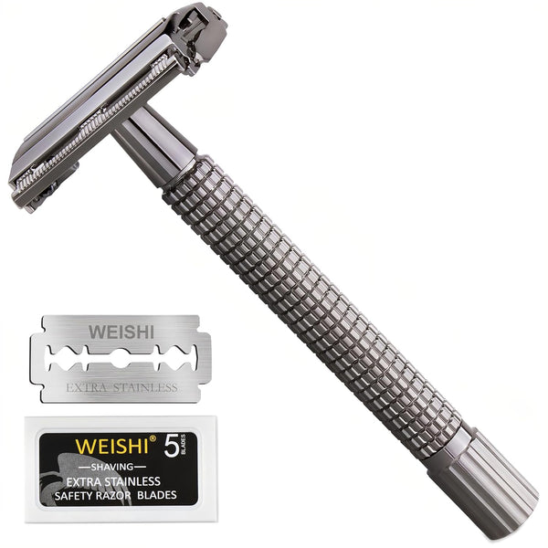 WEISHI Butterfly Open Double Edge Safety Razor for Men - Nostalgic Long Handle with 5 Stainless Blades