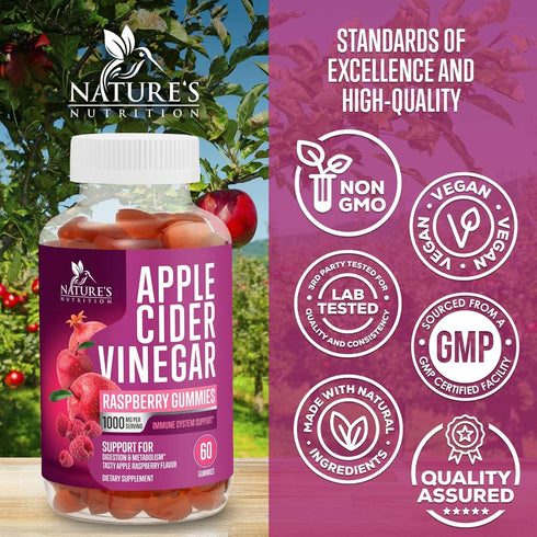 Vegan Apple Cider Vinegar Gummies 1000mg, 60 Count, Non-GMO for Detox, Digestion & Gut Health Support