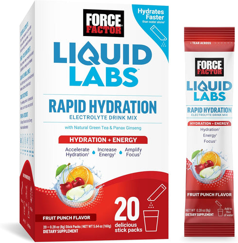 FORCE FACTOR Liquid Labs Energy Drink, Hydration Packets with Electrolytes Powder, 20 Stick Packs, Fruit Punch Flavor