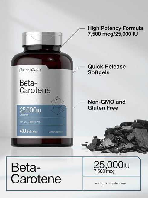 Horbaach Beta Carotene 25000 IU Softgels, 400 Count, Non-GMO & Gluten Free Vitamin A Supplement