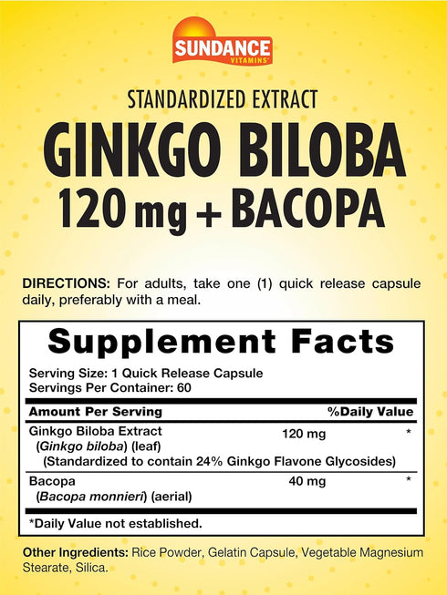 Ginkgo Biloba 120mg | 60 Capsules | Standardized Extract with Bacopa | Gluten Free Traditional Herb Supplement | by Sundance