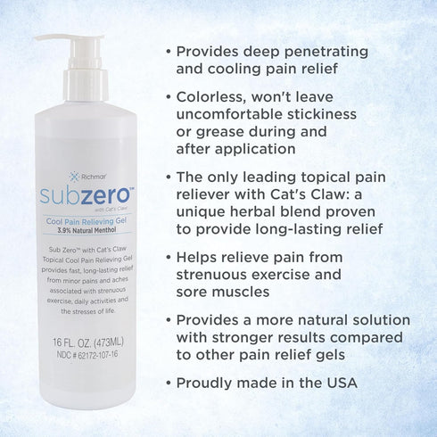 Sub Zero Cooling Pain Relief Gel, 16oz Bottle with Pump - Joint and Nerve Pain Relief Cream