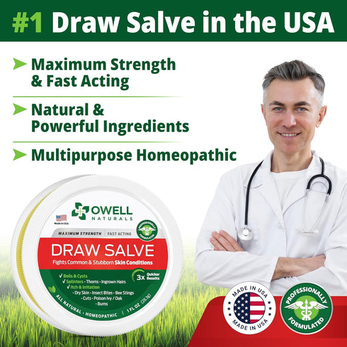 OWELL NATURALS Drawing Salve Ointment 1oz - Fast Acting Formula for Skin, Splinters, Bug Bites, Poison Ivy (3 Pack)
