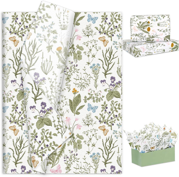 JarThenaAMCS 100 Sheets Vintage Wildflower Tissue Paper, Wild Floral Art Spring Wrapping Paper for Gift Packing