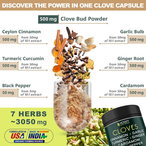 7in1 Clove Supplement Rich in Vitamins & Minerals for Digestive, Immune System, Bone & Heart Health with Cinnamon, Turmeric, Ginger, Cardamom, Garlic & Black Pepper - 100 Caps