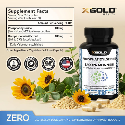 PhosphatidylSerine & Bacopa Monnieri 400 mg 2 in 1 Supplement - Natural Brain Enhancer/Nootropic for Enhanced Focus,