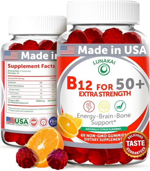 Lunakai Vitamin B12 Gummies for Adults 50 Plus - Delicious Energy & Vitality Boost, High Strength B12, 60ct