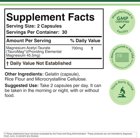 Magnesium Acetyl-Taurate (ATA MG, TauroMag) for PMS and Cramp Relief, 60 Capsules, 350mg Supplement