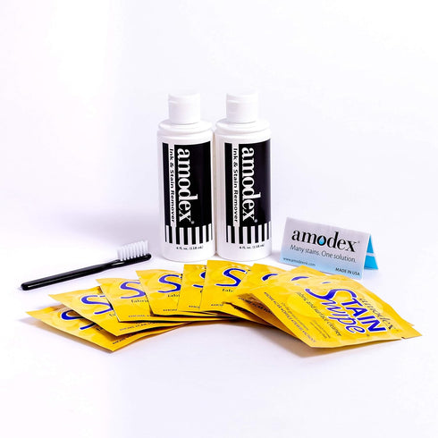 Amodex Ink & Stain Remover Arsenal, Safe for Clothes, Leather, Skin, Full Set with 2 Bottles, 1 Brush, 10 Wipes
