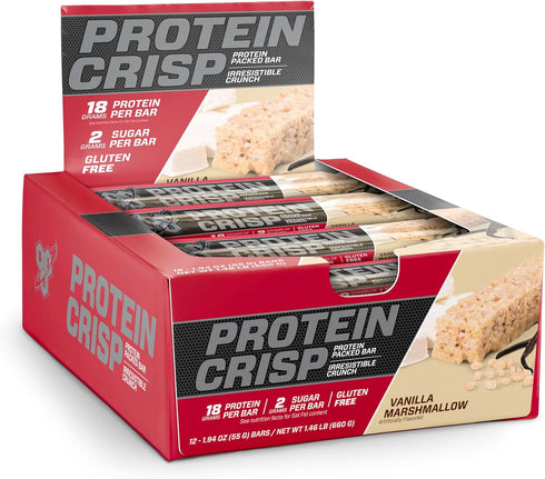 BSN Protein Crisp Bar, Gluten Free Protein Snack Bars, Vanilla Marshmallow, 12 Count