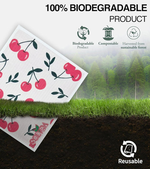 Solvra 10 100% PCS Fruit Print Swedish Dishcloths for Kitchen Biodegradabl, Reusable Cellulose Sponge Cloth, Ultra
