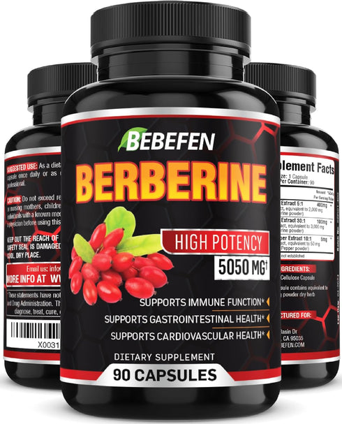 BEBEFEN Berberine Capsules - 5050mg Formula with Black Pepper Extract - 90 Capsules for Immune Support
