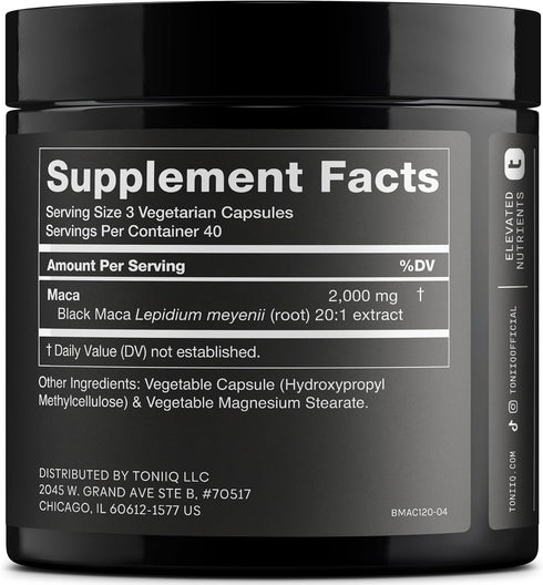 Toniiq 20:1 120 Black Maca Root - Ultra High Potency Extract - Single Origin, Wildcrafted & Highly Concentrated