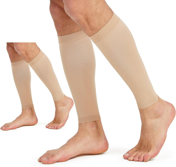 MGANG Calf Compression Sleeve, 2 Pairs 20-30mmHg Leg Compression Socks for Pain Relief, Beige S/M