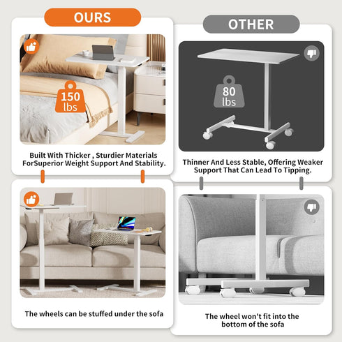 Medical Adjustable Overbed Bedside Table with Wheels, Rolling Laptop Table, Mobile Standing Desk for Home and Hospital
