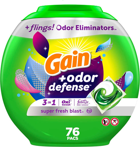 Gain flings Laundry Detergent Pacs, Odor Defense HE Compatible, 76 Ct, 3in1 with Febreze and Oxi.