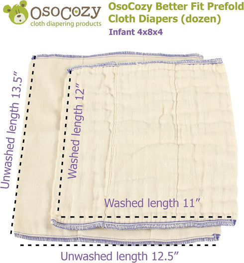OsoCozy -100% 1 4x8x4 6-16 lb.) 1 Dozen Better Fit Unbleached Prefold Cloth Diapers Cotton, Gauze Weave, Sized for Tri