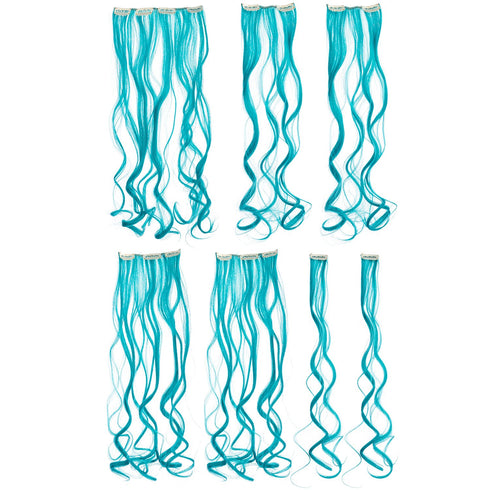 SWACC 7 Pcs Full Head Party Highlights Clip-On Hair Extensions, 20-Inch Curly, Teal Blue