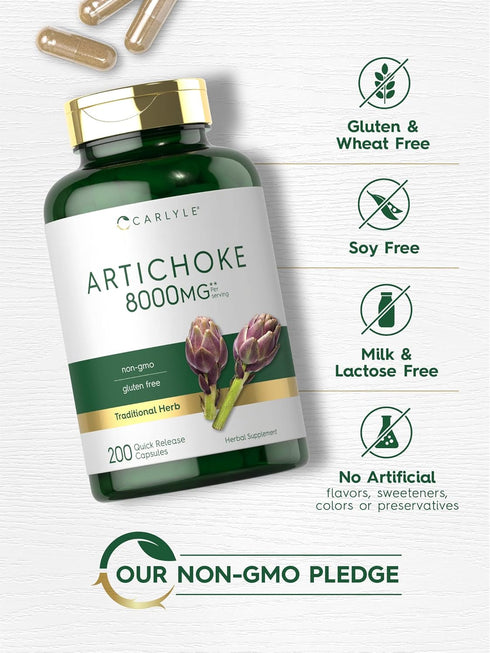 Carlyle Artichoke Extract Capsules 8000mg - 200 Count, Non-GMO, Gluten Free Supplement