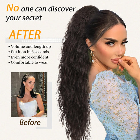 ORSUNCER Long Wavy Ponytail Extension, Black Brown 30" Curly Clip in Hair Extensions for Women