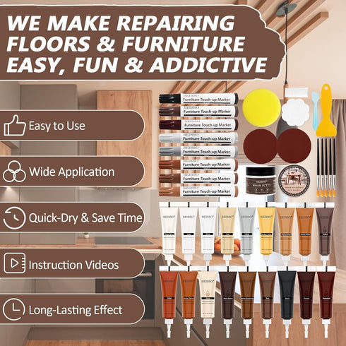 Wood Furniture Repair Kit, 40 Sets, 18 Colors Wood Filler Putty and 8 Touch Up Markers for Scratches and Holes