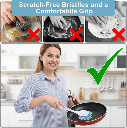 Lemecima 16 Set 11.8 Inch Pcs Light Blue Kitchen Scrub Dish Brush with Handle, Long Dishwashing Scrubber with Stiff