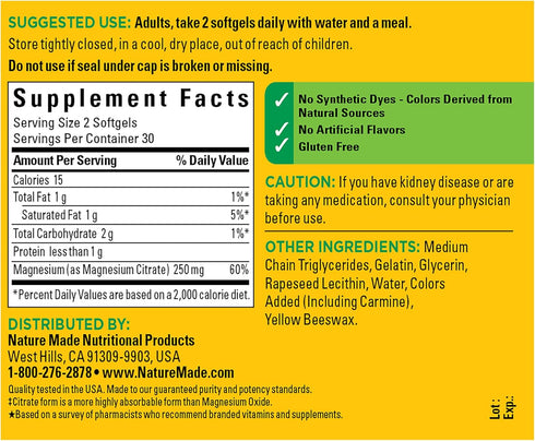 Nature Made Magnesium Citrate 250 mg, 60 Softgels, Magnesium Supplement for Muscle, Nerve, Bone and Heart Support