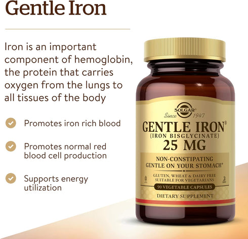 Solgar Gentle Iron 25mg | 90 Vegetable Capsules - Non-GMO, Vegan, Gluten Free, Dairy Free, Kosher, Halal - Energy,
