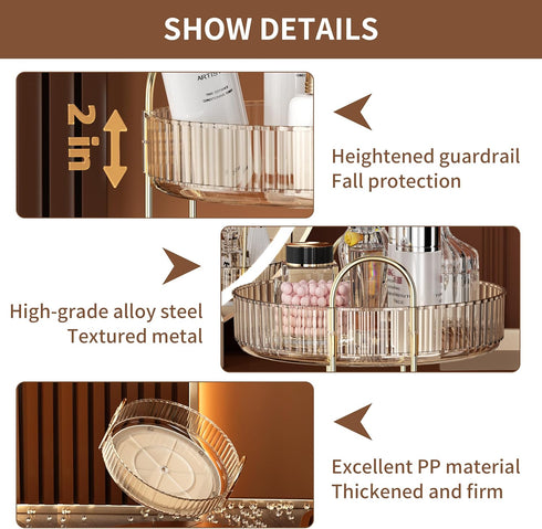 YCIA&DONE 360 Rotating Makeup Organizer - 3 Tiers High Capacity Cosmetic Skincare Perfume Storage for Vanity, Amber Gold