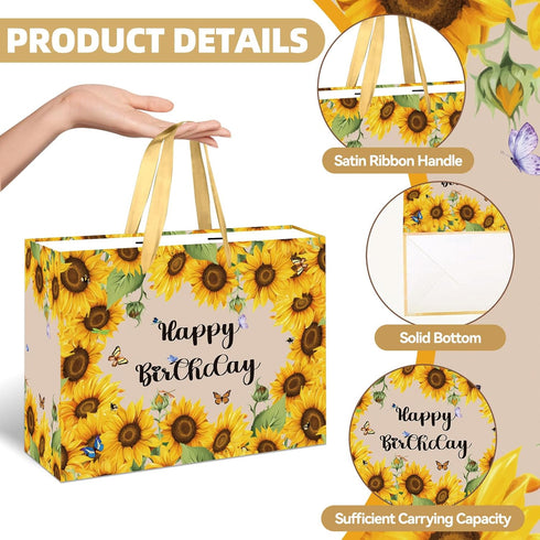 HSKMAKE Sunflower Birthday Gift Bag Yellow Sunflower Paper Bag with Card Yellow Tissue Paper Sunflower Wrapping Paper