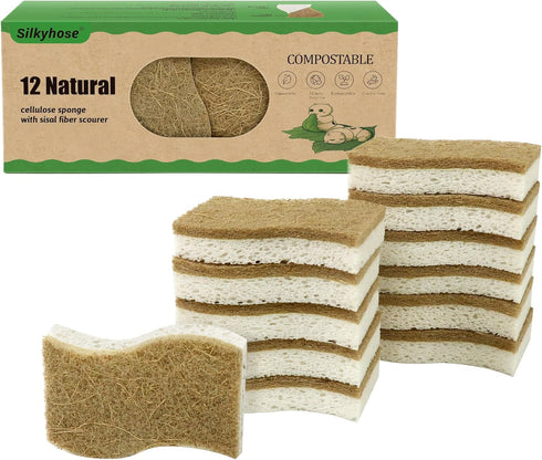 Biodegradable Natural Kitchen Sponge - 12 Pack Compostable Cellulose and Coconut Scrubber