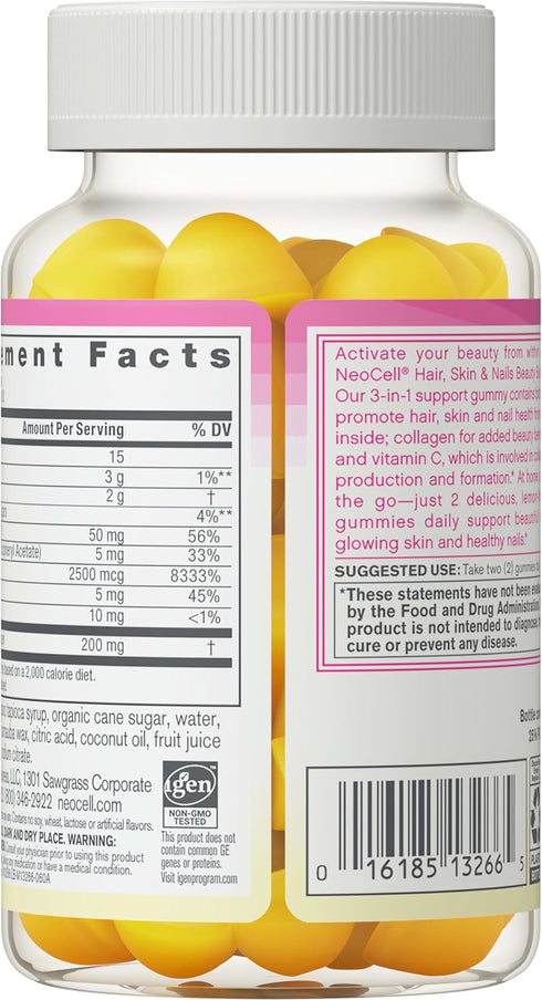 NeoCell Hair, Skin and Nails Beauty Builder with Collagen, Biotin, Vitamin C, 60 Count, Lemon Gummy