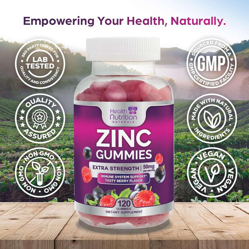 Zinc Immune Support Supplement 50mg - 120 Gummies, Max Strength Zinc for Radiant Skin & Immune Health, Vegan