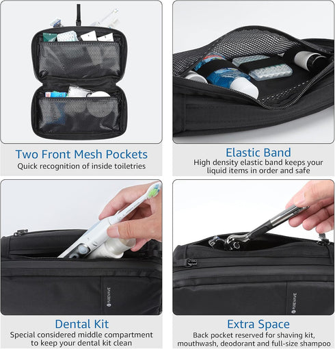 Purevave Compact Mens Toiletry Travel Bag, Waterproof Hanging Dopp Kit, Black Wash Pouch