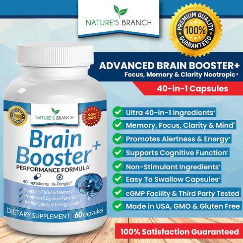 40-in-1 Brain Booster Supplement for Focus, Memory, Clarity, Energy, 60 Capsules with Advanced Vitamins for Nootropic