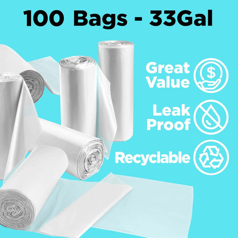 33 Gallon Trash Bags, Clear, 33 x 39”, 100 COUNT, Outdoor Industrial Garbage Can Liner