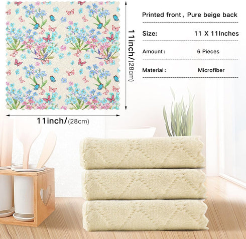 Kitchen Dish Cloths Towels with Blue Flowers and Butterflies, Reusable Super Absorbent Cleaning Rags, 12x12 in 6 Pack