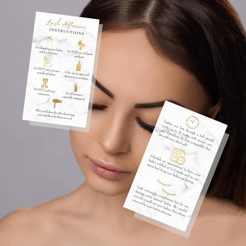 Lash Extension Aftercare Instructions Cards | 50 Pack | Double Sided 3.5 x 2" | Marble Look with Gold Icons Design