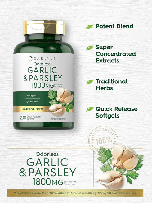 Carlyle Odorless Garlic & Parsley 1800mg - 200 Softgels, Non-GMO, Gluten Free Supplement