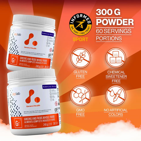 ATP LAB - Greens and Reds Whole Foods - Blueberry Acai, 240 g for Nutritional Support