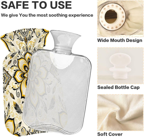 miaozhen 2L Tummy Paisley Flower Dark Black Yellow Gold Water Bottle for hot Water with Soft Cover Warmer Bag