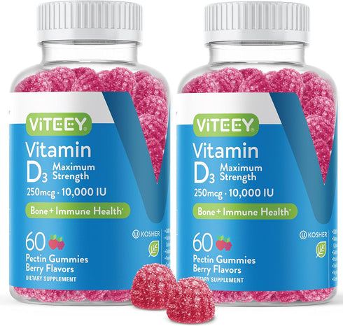 Vitamin D3 Gummies for Adults & Teens, 10,000 IU, 250mcg, Maximum Strength, Chewable, Berry Flavored