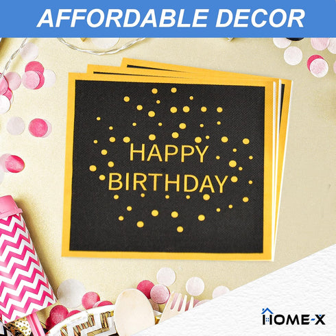 HOME-X Happy Birthday Black and Gold Paper Napkins - Square Party Napkins, 48 Count