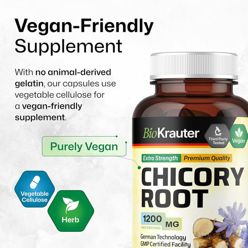 BIO KRAUTER Chicory Fiber Supplement - 1200 mg Strength, 100 Count Inulin Capsules for Digestive Support