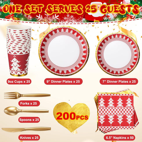 200 Pcs Christmas Dinnerware Set Disposable Red and White Paper Plates and Napkins for 25 Guests Gold Tableware Kits Cups Forks Knives Spoons for Christmas New Year Party Decoration(Xmas Tree)