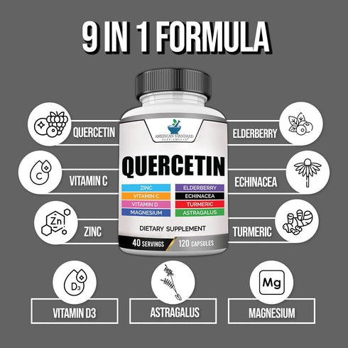 American Standard Supplements Quercetin 1000mg - 120 Capsules with Zinc, Vitamin C, D3, Magnesium & Elderberry, Gluten