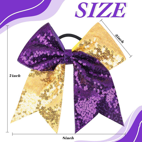 Oaoleer 12 Count 7" Hair Ties for Girls - Large Sparkly Sequin Glitter Cheer Bows, Purple & Gold