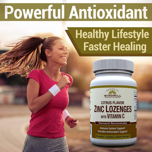 Windmill Health Natural Vitamins Zinc Lozenges with Vitamin C, Honey Lemon Flavor, 60 Lozenges, Immune Support.